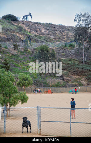 Dog Park neben dem Öl gut das inglewood Öl ist eine der größten zusammenhängenden städtischen Ölfelder in den Vereinigten Staaten, Culver City, Los Angeles, c Stockfoto