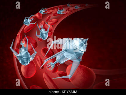 Nanoroboter und Nanotechnologie Bioengineering und Advanced Medical Technology Konzept wie Nanomedizin Roboter in einem menschlichen Arterie. Stockfoto