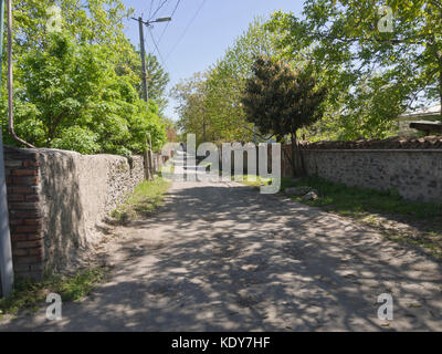 Typische georgische Land Straße durch ein kleines Dorf im östlichen Teil des Landes, Steinmauern für Privatsphäre und Frühling Grüns und Sun Stockfoto