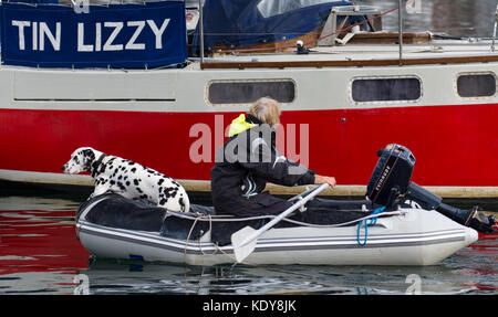 Lady Rudern ein Hund zurück zum Boot nach der morgendlichen Spaziergang Stockfoto