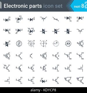Komplette Vektor einrichten elektrischer und elektronischer Schaltplan Symbole und Elemente - Thyristoren, Triacs, Diacs und Transistoren Stock Vektor