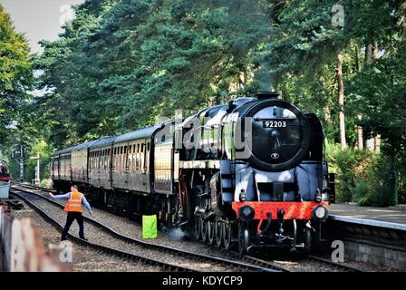 92203 Black Prince, Dampflokomotive 9F Klasse auf der North Norfolk Eisenbahn poppy Linie Stockfoto