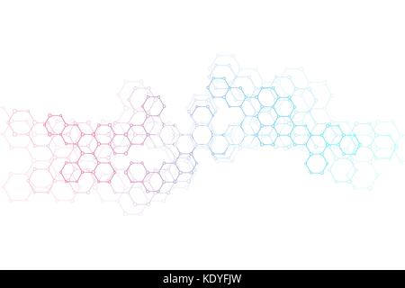 Abstrakte sechseckige Molekül Hintergrund, genetischen und chemischen Verbindungen. Geometrische Grafik und angeschlossene Leitungen mit Punkten. Wissenschaftliche und technologische Konzept, Vektor, Abbildung Stock Vektor