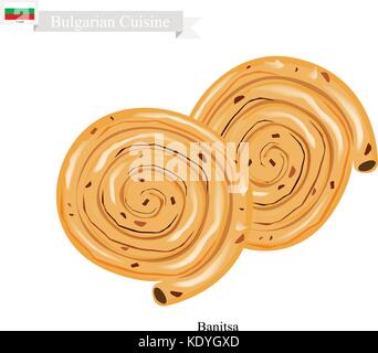 Die bulgarische Küche, banitsa oder traditionelle twisted Fleischpastete aus dünnem flockig Teig mit Käse. Eine der beliebtesten Teller in Bulgarien. Stock Vektor