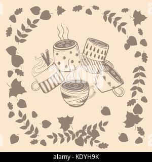 Kaffeetassen. warmen Herbst Konzept mit Herbstlaub um Kaffeetassen Stock Vektor
