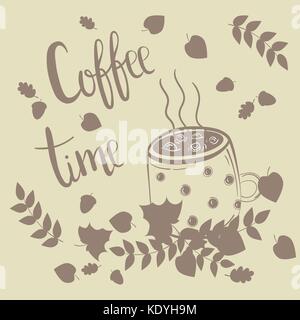 Kaffee Tasse im Herbst Blätter. Kaffee Zeit Text. warme Tasse Stock Vektor