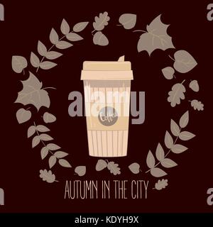 Papier recycelbar Kaffeetasse. mug Vector Illustration. Kaffee Tasse im Herbst Blätter. Herbst in der Stadt Text. Stock Vektor