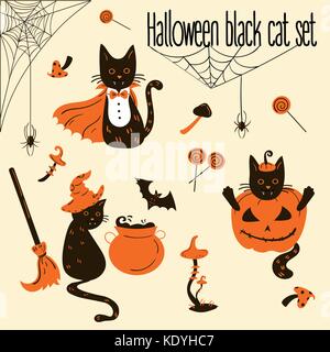 Satz von schwarzen Katzen in Halloween Kostüme Halloween Dekoration und Objekte. Vector Illustration. Stock Vektor