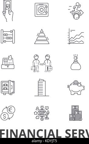 Finanzdienstleistungen, Operations, Finanzen, Planung, Geld, Rechnungswesen, Investition Zeile für Symbole. bearbeitbaren Anschläge. flache Design Vector illustration symbol Konzept. Lineare isolierte Zeichen Stock Vektor