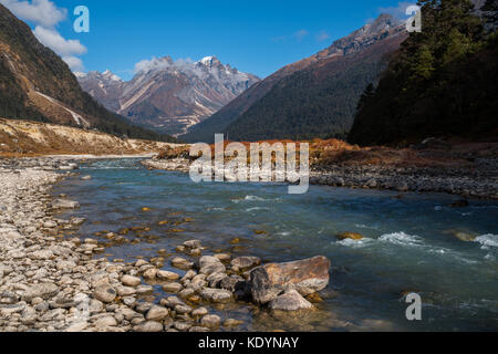 Fluss aus Eis schmelzen auf Berge Blick auf lachung, klares Wetter Tag Zeit, Sikkim, Indien Stockfoto