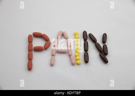 Konzeptionelle Hand schreiben Bildunterschrift inspiration Medical Care Health Concept mit Pillen Drogen geschrieben Kapsel Wort Schmerz Jahreszeit auf weißen isoliert Hinterg Stockfoto