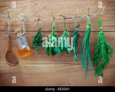 Verschiedene Kräuter hängen an schäbig Holz- Hintergrund. Petersilie, Salbei, Rosmarin, Fenchel, Schalotten, Thymian und wesentliche Flaschen zum Würzen Konzept. Stockfoto