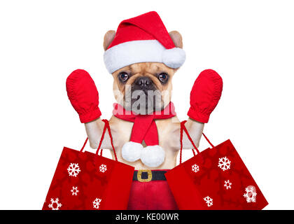 Santa Claus Weihnachten Hund auf weißem Hintergrund, winkende Hände und Einkaufsmöglichkeiten vor Verkauf Stockfoto