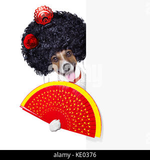 Spanische Flamenco Hund mit sehr grossen lockiges Haar und hand Ventilator hinter banner Plakat Stockfoto