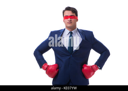 Rechtsanwalt mit Augenbinde Boxhandschuh isoliert auf weißem Stockfoto