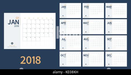 Vektor von 2018 neues Jahr Kalender in sauberen Minimale Tabelle einfachen Stil und blaue und gelbe Farbe, holiday Event Planner, Woche beginnt Sonntag, A5-Format Stock Vektor