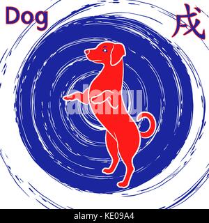 Chinesische Sternzeichen Hund über ständigen Wirbel Hintergrund, Symbol für das Neue Jahr auf dem Östlichen Kalender gedreht, Vector Illustration in Rot, Blau und Weiß Stock Vektor