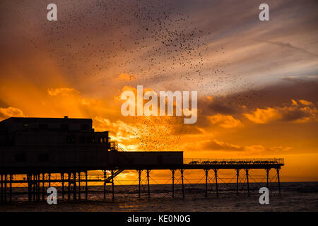 Aberystwyth Wales UK, Dienstag, 17. Oktober 2017 Wetter in Großbritannien: Tausende von Starlingen fliegen in den Himmel, um bei Sonnenuntergang über dem Royal Pier in Aberystwyth an der Cardigan Bay Coast of West wales zu übernachten Foto: Keith Morris/Alamy Live News Stockfoto