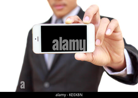 Geschäftsmann mit dem Smartphone auf weißem Hintergrund Stockfoto