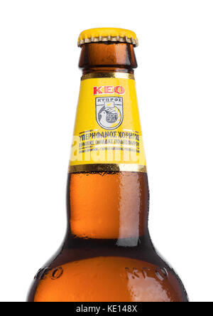 London, UK, 15. Mai 2017: Flasche keo Lagerbier auf weißem Hintergrund. Bier aus Zypern. Stockfoto