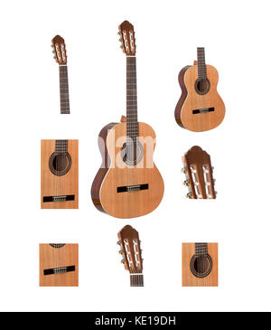 Eine klassische Gitarre ein Bilder mit allen seinen Teilen auf weißem Hintergrund Stockfoto