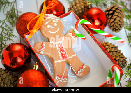 Spaß Bild von lächelnden Gingerbread Man mit Peppermint Stick in Ferienwohnung Schneeflocke Teller mit bunten Süßigkeiten. Stockfoto