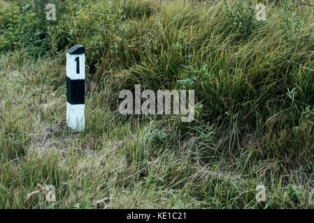 Beton Säule mit Nummer eins, Hintergrund, grüne Wiese am Straßenrand, Konzept von Beginn weg. Die Idee der erste Weg im Leben. Stockfoto