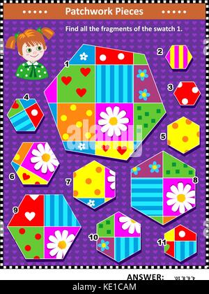 Quilten oder Patchwork themed iq Training visual Puzzle (geeignet sowohl für Kinder und Erwachsene): Hier finden Sie alle die Fragmente der Bild 1. Antwort enthalten. Stock Vektor