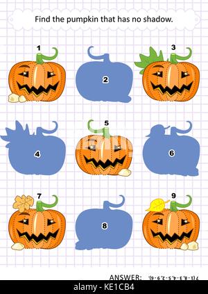 Halloween themed visuelle Puzzle oder Bild Rätsel: der Kürbis, dass keine Schatten hat. Antwort enthalten. Stock Vektor