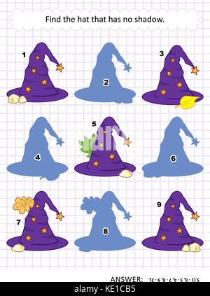 Halloween themed visuelle Puzzle oder Bild Rätsel mit der hexe Hut: Die Hut, die keinen Schatten hat. Antwort enthalten. Stock Vektor