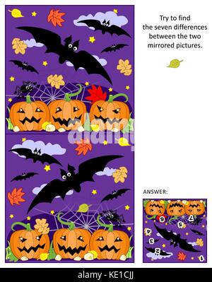 Halloween themed visuelle Puzzle: Finde die sieben Unterschiede zwischen den zwei gespiegelte Bilder von fliegende Fledermäuse, Kürbis, Spinne. Antwort enthalten. Stock Vektor