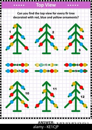 Iq training visual Puzzle (geeignet sowohl für Kinder und Erwachsene): können Sie die Ansicht von oben für jede Tanne Baum mit roten, gelben und blauen Ornamenten verziert finden? Stock Vektor