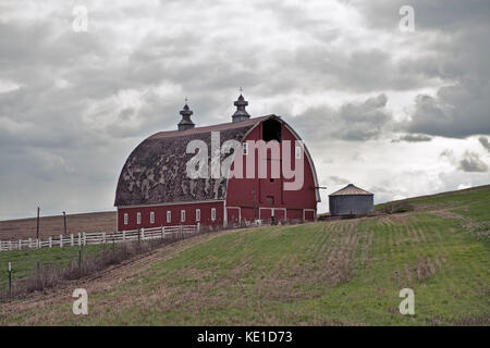 Eine traditionelle Rote Scheune auf dem Bauernhof steht auf einem der sanften Hügel in der Palouse Bereich der Eastern Washington. Stockfoto