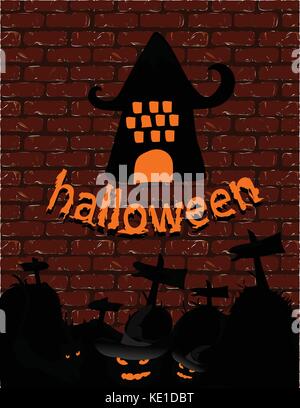 Halloween Wallpaper, Red brick wall, Kürbis Bäume und tolle Burg. Stock Vektor