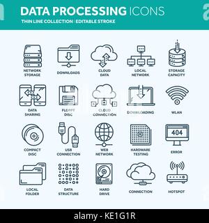 Cloud omputing. Internet Technologie. Online Services. Datenverarbeitung, Informationssicherheit.. dünne Linie Web Icon Set. Überblick icons Collection. Vector Illustration. Stock Vektor