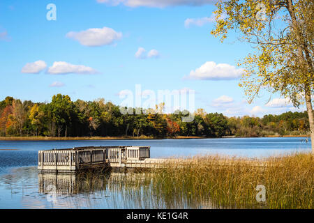 Ein Dock auf dem Wasser mit schönen Bäumen im Hintergrund in einem Park in Michigan Stockfoto