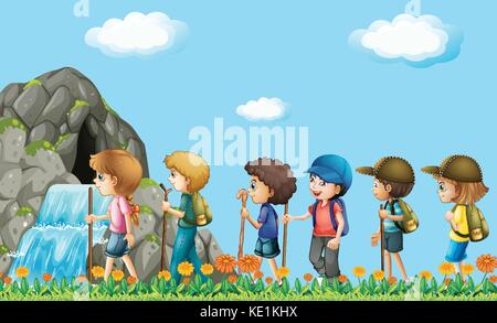 Kinder Wandern im Bereich Illustration Stock Vektor