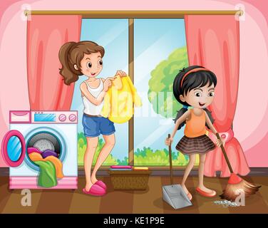 Zwei Mädchen, die Hausarbeit zu Hause Abbildung Stock Vektor