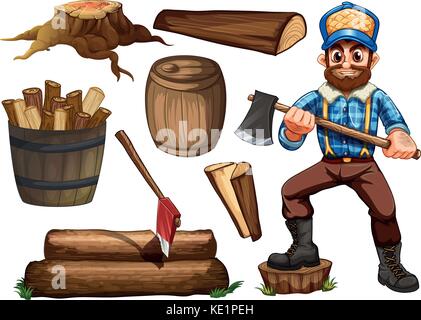 Lumber jack Holding ax und Satz von Brennholz Stock Vektor