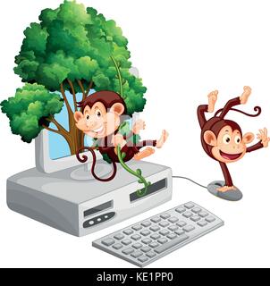 Zwei Affen auf dem Computerbildschirm Abbildung Stock Vektor