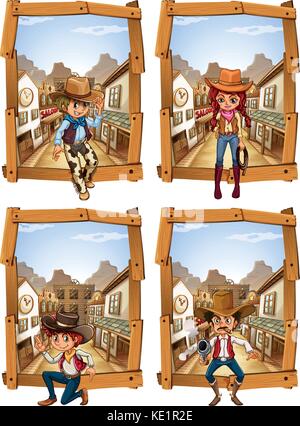 Vier Szenen von Cowboy und Cowgirl Abbildung Stock Vektor