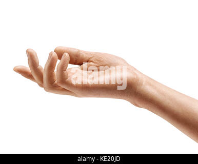 Des Menschen Hand Zeichen auf weißem Hintergrund. mit der Handfläche nach oben, in der Nähe hoher Auflösung Produkt Stockfoto