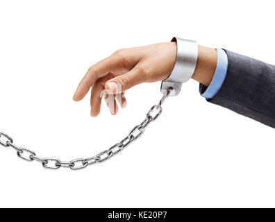 Des Menschen Hand in einem Anzug in Ketten auf weißem Hintergrund. bis nahe, Konzept gegen Gewalt Stockfoto