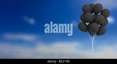 Gruppe von schwarzen Ballons auf blauem Himmel Hintergrund. 3D-Abbildung Stockfoto