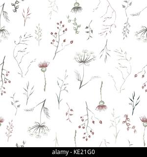 Nahtlose patterm auf Farbe, Hand bemalt Tinte Blätter, Blüten und Kräuter mit Hagebutten, Distel und Dill. Stock Vektor