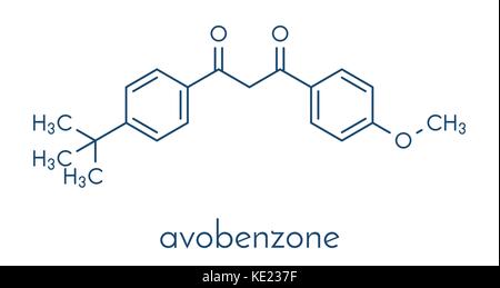 Avobenzone sunscreen Molekül (UV-Filter). Skelettmuskulatur Formel. Stock Vektor