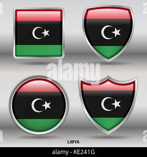 Libyen Flagge - 4 Formen Flaggen von Ländern in der Welt mit Freistellungspfad Stock Vektor