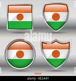 Niger Fahne - 4 Formen Flaggen von Ländern in der Welt mit Freistellungspfad Stock Vektor