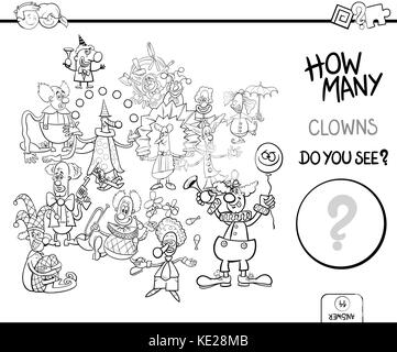 Schwarze und weiße Cartoon Illustration von Bildungseinrichtungen zählen Spiel für Kinder mit Clowns Zirkus zeichen Buch Färbung Stock Vektor