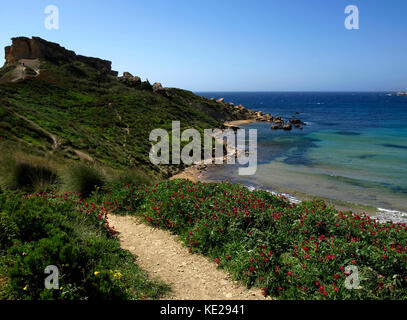 Felsen und Geröll entlang der Mittelmeerküste in Malta Stockfoto